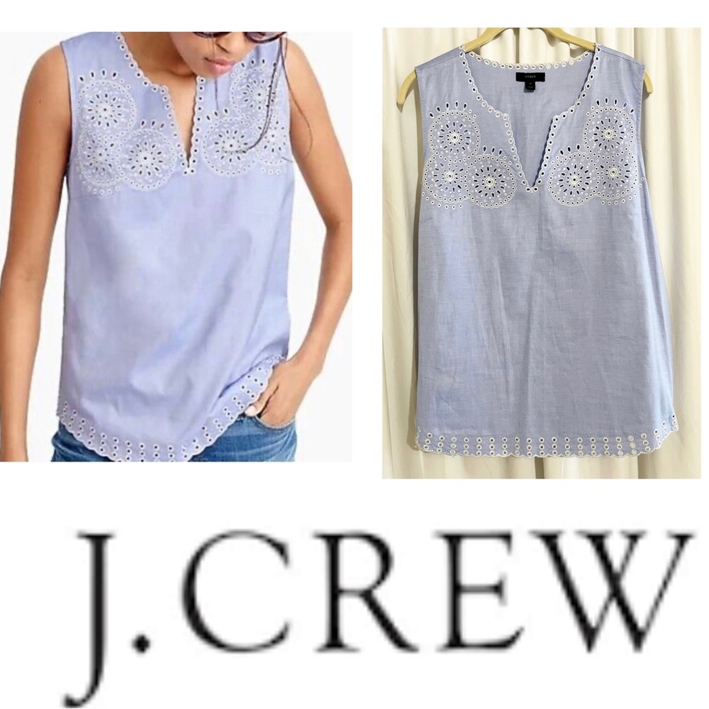 J Crew Sleeveless Eyelet Top Blouse Pullover relaxed fit with v-neck embroidered